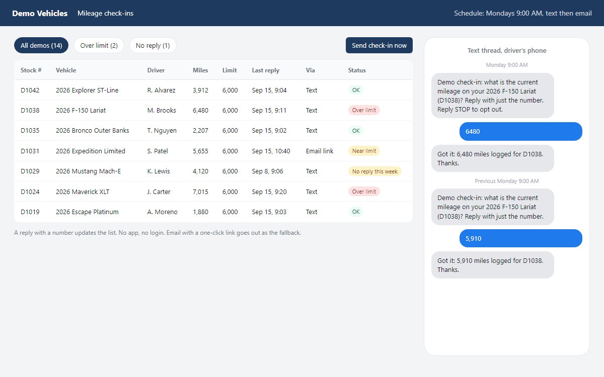 Demo vehicle list next to a text message thread asking for mileage
