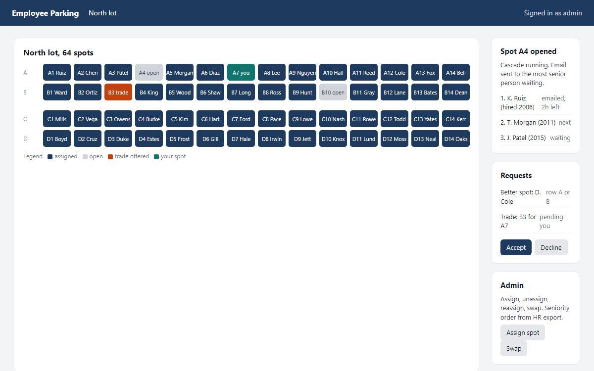 Employee parking map with open spots and a seniority queue